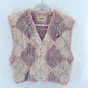 Paula Lishman beaver fur argyle knit button up V-neck vest